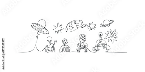 Abstract line drawing of figures and celestial bodies