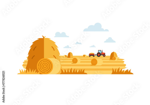 Flat vector illustration of a harvested field with hay bales and a tractor