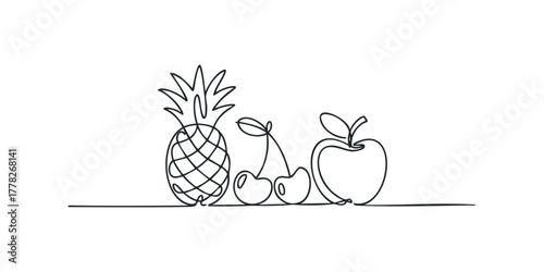 Continuous line drawing of pineapple, cherries, and apple