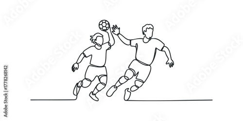Two soccer players reaching for the ball