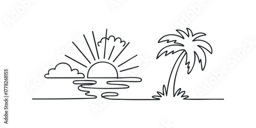 Minimalist palm tree and sun outline over water