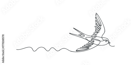 Minimalist single line drawing of a swallow bird in flight