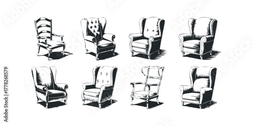 Assortment of Detailed Armchair Illustrations on White