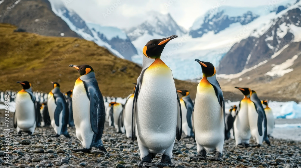 Fototapeta premium Group of King Penguins standing in front of mountain background