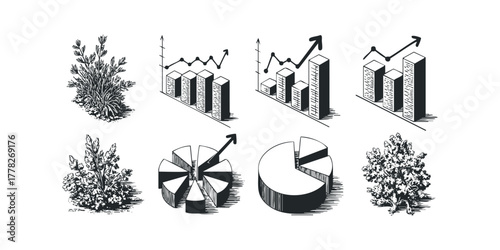 Set of hand drawn graphs and plants