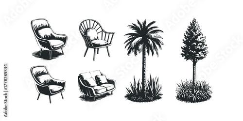 Collection of Monochrome Furniture and Trees