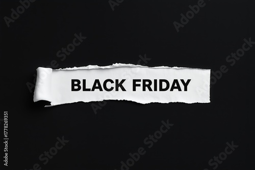A torn paper reveal with BLACK FRIDAY in bold white letters, set against a stark black background  minimalist and eye-catching promotional design.