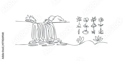 Continuous line drawing of a waterfall and floral elements