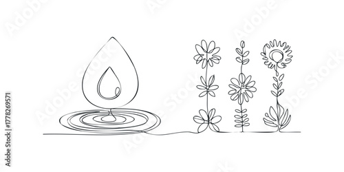 Continuous Line Drawing of a Water Drop and Flowers