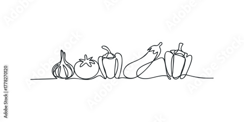 Line Drawing Vegetables Garlic Tomato Eggplant Bell Pepper