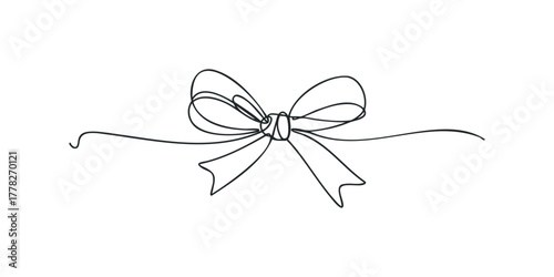 Minimalist line art bow with flowing ribbons on white background