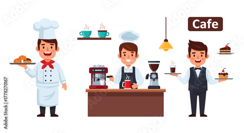 A cheerful chef, barista, and waiter are depicted in a cafe setting, ready to serve food and drinks.