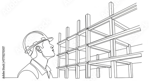 Continuous line drawing of a male engineer or architect in a hard hat looking up at a building under construction, representing supervision and structural analysis.
