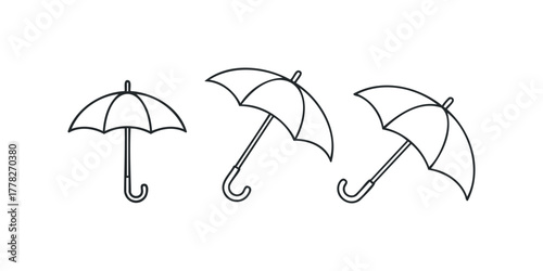 Three stylized line art umbrellas with curved handles
