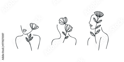 Abstract Line Art of Women Faces with Floral Elements
