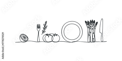 Line Drawing of Food and Tableware on White Background