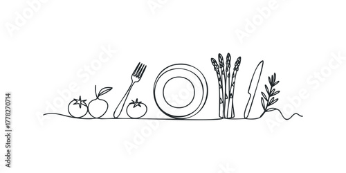 Line Drawing of Fresh Food and Dining Utensils