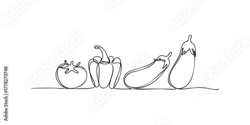 One line drawing of fresh tomato and bell pepper and eggplant
