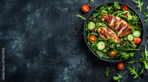 Top view Grilled chicken breast, fillet and fresh vegetable salad of lettuce, arugula, spinach, cucumber and tomato