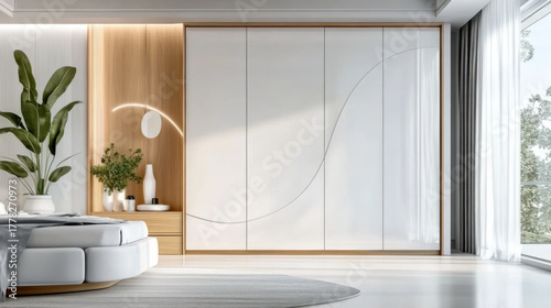 White bedroom Wooden wardrobe with glossy sliding doors in minimalist style interior design