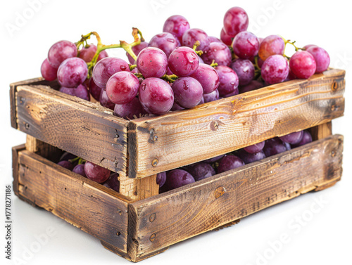 Fresh grape in wooden crate isolated on white background copy space