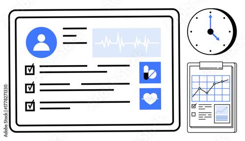 Digital health record with patient information, checklist, heart activity, medicine icons, clock, and analytics chart. Ideal for healthcare, technology, monitoring data analysis time management