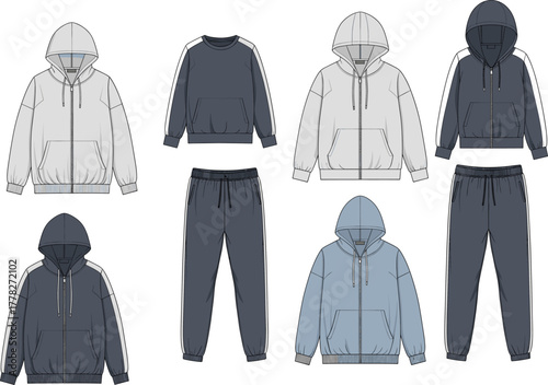Casual Wear Vector Set Featuring Hoodies, Sweatshirts, and Sweatpants in Gray, Blue, and Black – Apparel Design Illustration Pack