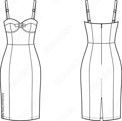 Fitted pencil dress fashion sketch with underwire bust, adjustable straps, back zipper, slit hem, technical flat front and back view