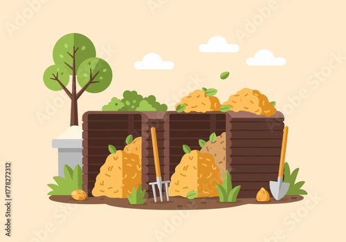 Illustration of a threebay wooden compost system with organic material piles