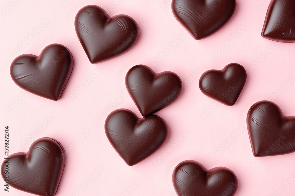 Obraz premium Dark chocolate heart candies arranged on a soft pink background, perfect for romantic or sweet occasions.