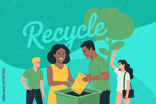This engaging illustration showcases a group of happy individuals participating in recycling, highlighting the importance of teamwork for a sustainable environment.
