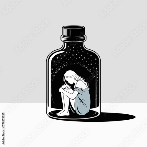 This artwork features a young girl sitting in a bottle, surrounded by a night sky filled with stars, representing the constraints of dreams and aspirations within our inner selves.