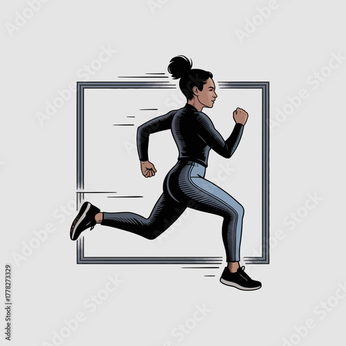 This artwork features a female figure in an athletic outfit running with motion lines, conveying speed and fluidity, emphasizing empowerment and energy in dynamic movement.