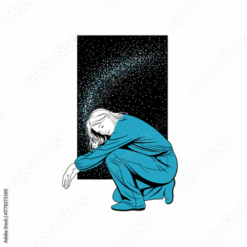 This artwork shows a female figure in a squatting pose against a cosmic backdrop, emphasizing themes of serenity and reflection, creating a deep emotional and visual experience.