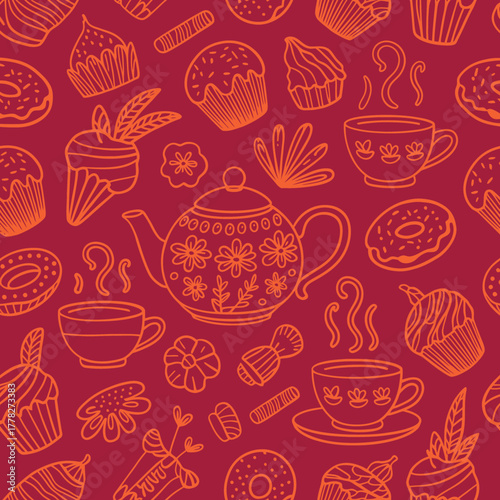 A creative arrangement of stylish teapot alongside tempting desserts, symbolizing a cozy afternoon tea experience filled with sweet indulgence and warmth.