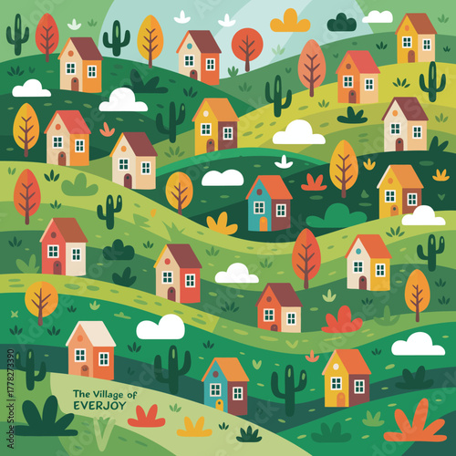 Explore the enchanting Village of Everyjoy, showcasing colorful homes tucked in rolling hills, adorned with a variety of trees and cheerful clouds floating above.