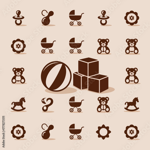 An engaging variety of whimsical baby-themed icons, including strollers and toys, excellent for children-related products and playful nursery designs.