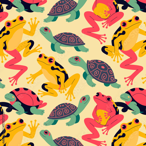 An eye-catching abstract pattern of frogs and turtles in striking colors and playful poses, inviting viewers into a lively world of fun and creativity.