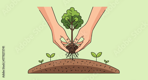 Vector illustration of hands planting a small tree in soil, eco and reforestation concept