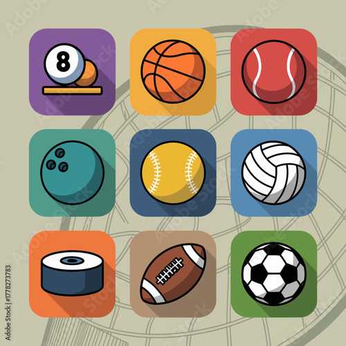 An engaging set of vibrant sports icons representing various popular games, ideal for sports-related content and promoting an active lifestyle through graphic design.