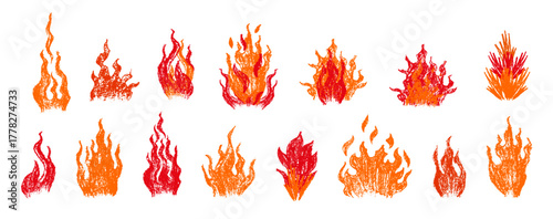 Crayon burning fire illustrations. Set of fire drawn by chalk. Flames with texture isolated on white background