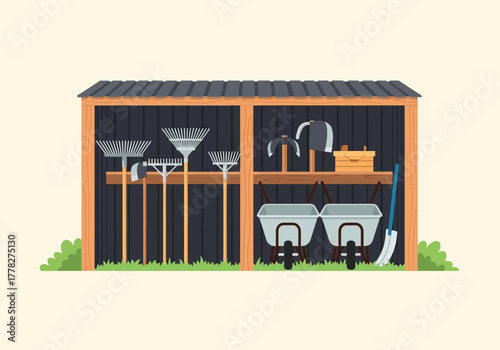 Open garden shed storing tools including rakes wheelbarrows and a shovel