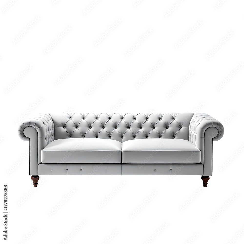 Obraz premium Tufted white sofa with rolled arms against a black background