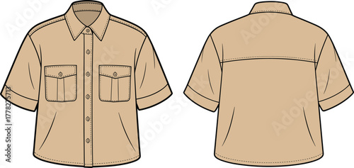 Short sleeve shirt technical sketch, front and back view, chest pockets, button placket, shirt collar, fashion design, vector illustration