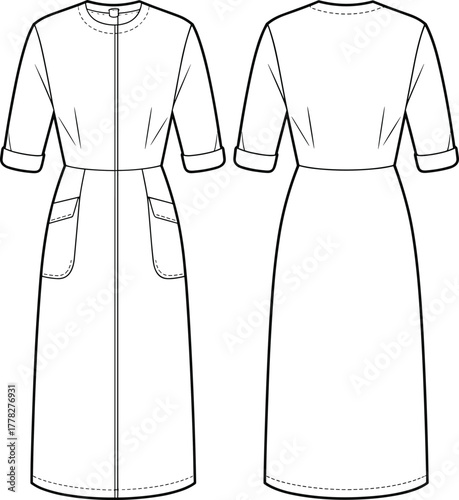 Women’s dress technical sketch, front and back view, round neckline, elbow sleeves, patch pockets, center seam, fashion design, vector illustration