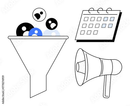 Marketing funnel capturing audience, calendar for planning, megaphone for promotion. Ideal for lead management, marketing, time management, planning, advertising audience targeting. Simple flat