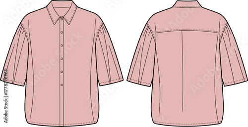 Women’s blouse technical sketch, front and back view, elbow sleeves, pleated shoulder, button placket, shirt collar, fashion design, vector illustration