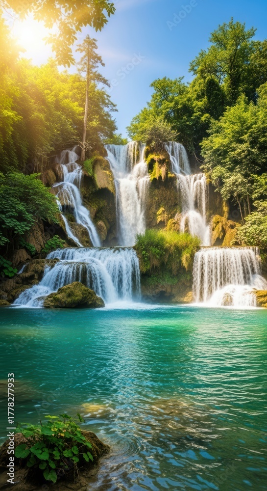 Fototapeta premium Vibrant waterfall with painterly water effect. Tropical cascade with crystal-clear pool. Sunlit jungle waterfall with lens flare.