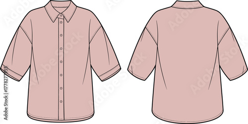Women’s shirt technical sketch, front and back view, dropped shoulder, elbow sleeve, button placket, pointed collar, fashion design, vector illustration