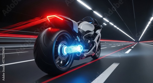 Futuristic motorcycle with glowing blue hub and red taillights speeding down a highway at night